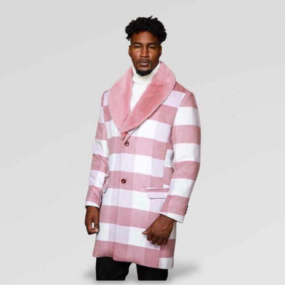 Men's Manzini WhitePink Plaid Faux Fur Casual Overcoat NWT
